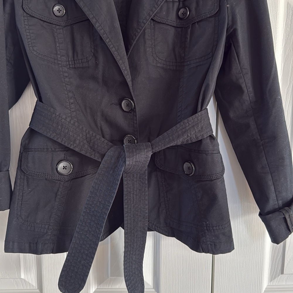 H&M Women's Rich Black Cotton-Blend Belted Waist Utility-Style Jacket - Size 14 - Picture 4 of 11